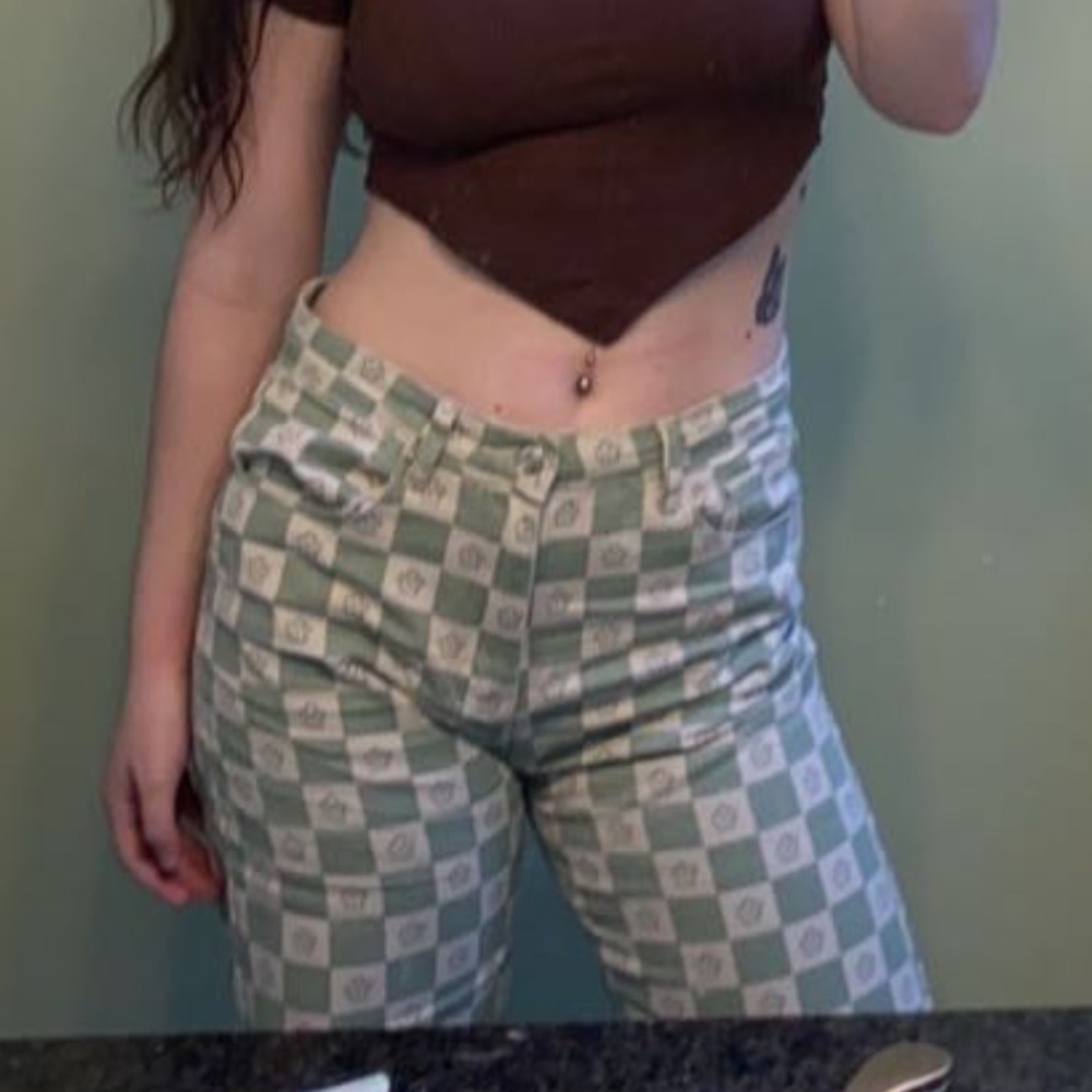 green patterned jeans